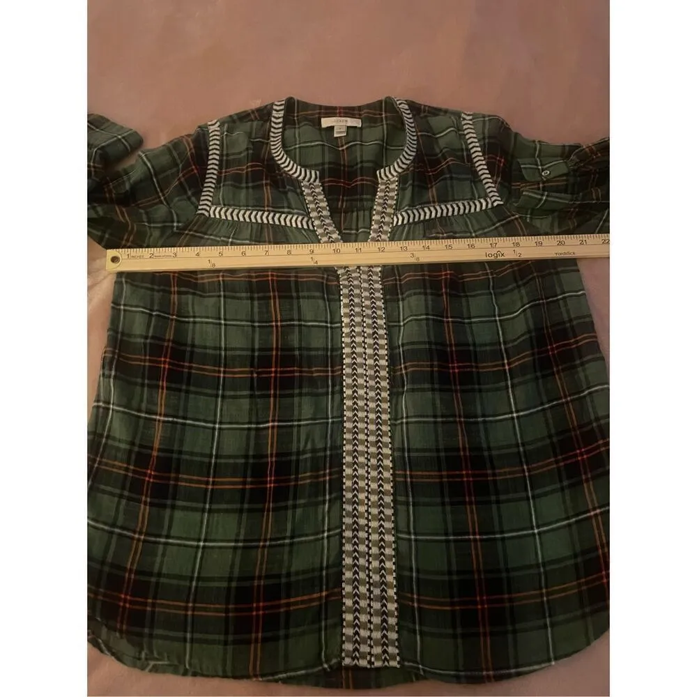 JCrew Embroidered Cotton Long Sleeve Green Plaid Peasant Blouse Size 2 - Image 5