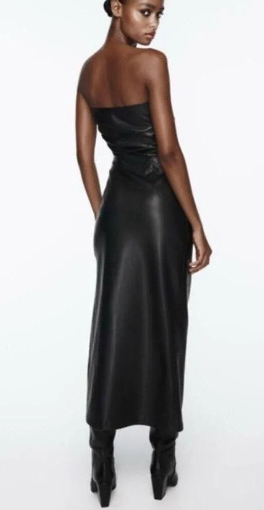 Faux Leather Strapless Black Dress NWT Size XS Midi Side Slit Zip Slimming - Image 5