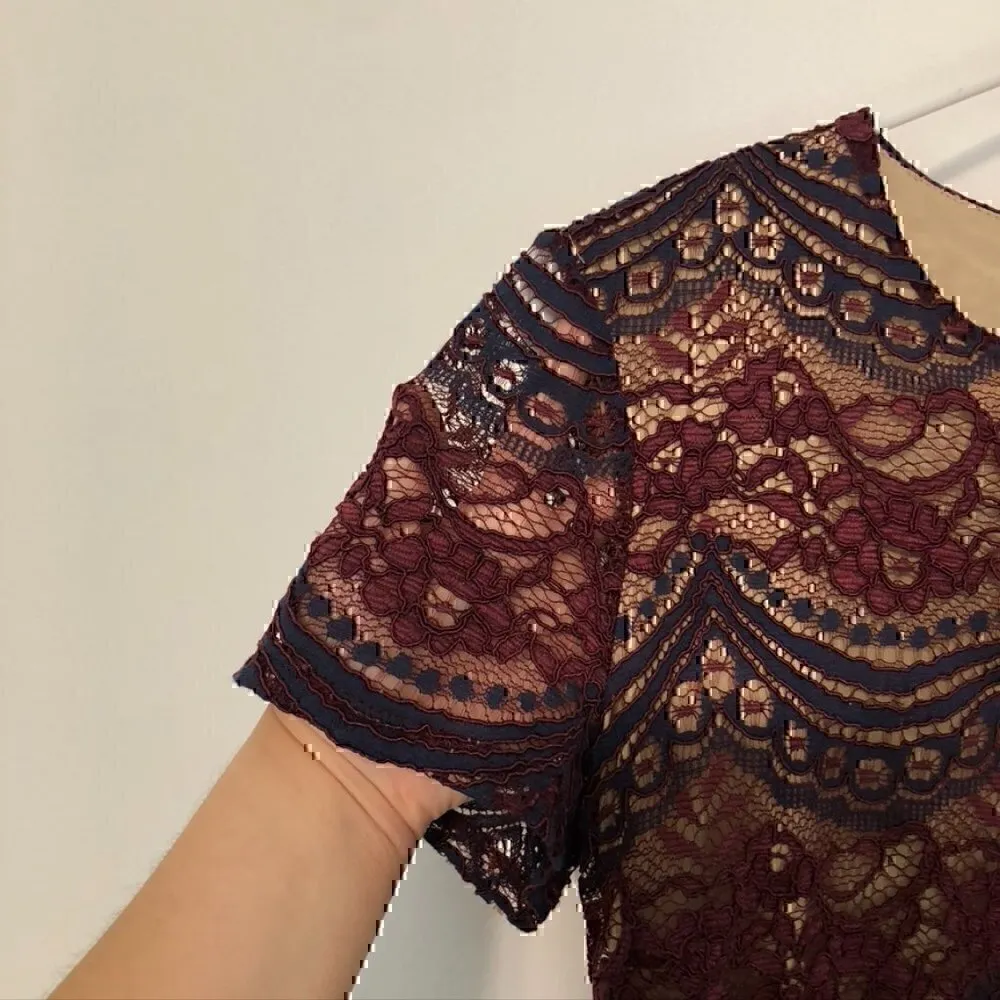 SOPRANO Burgundy Maroon Red Navy Blue Floral Lace Short Sleeve Fit Flare Dress S - Image 5