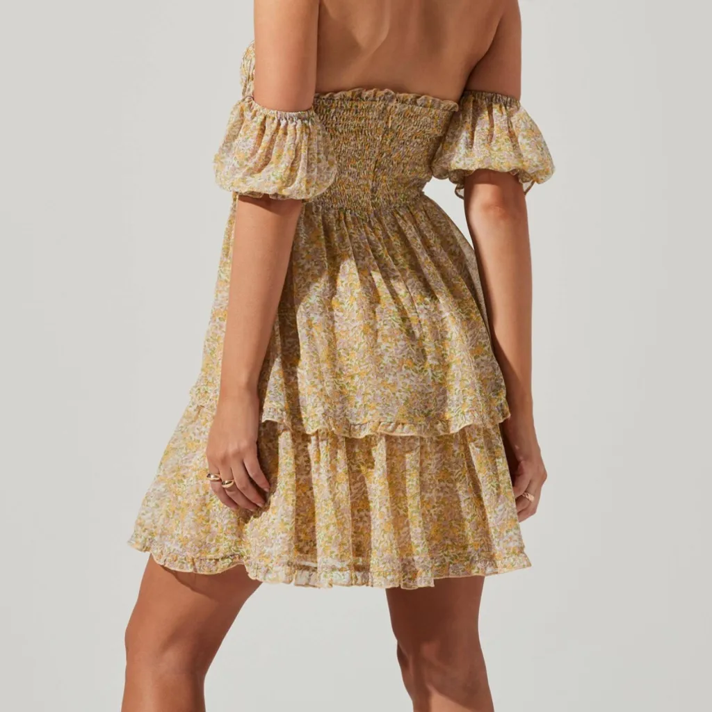 ASTR The Label Yellow Multi Floral Off The Shoulder Two Tier Mini Dress XS - Image 5