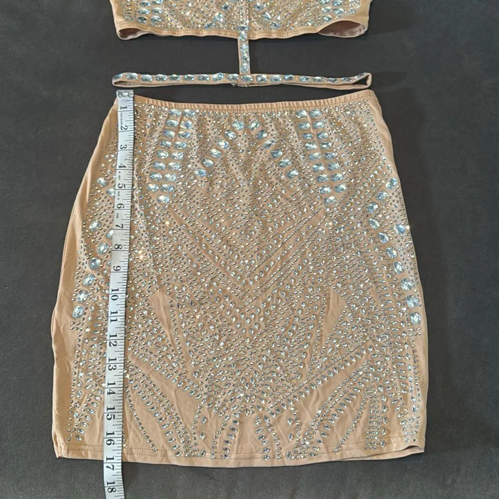 Sexy BodyCon Party 2 Piece Set Outfit Rhinestone Skirt & Halter Top Size M Tan Size M - Image 9
