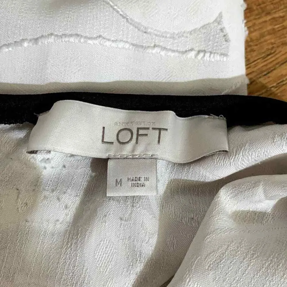 LOFT Paisley Blouse Women Medium Ivory White Tie Back Long Sleeve Top Black Trim - Image 3