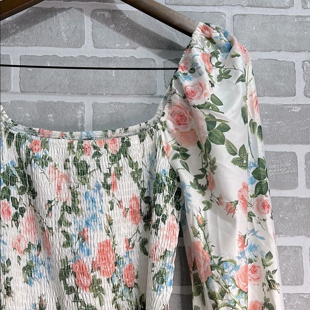 Simplee Floral slash neck long‎ sleeve ruffle print summer dress beach size Med Green - Image 4