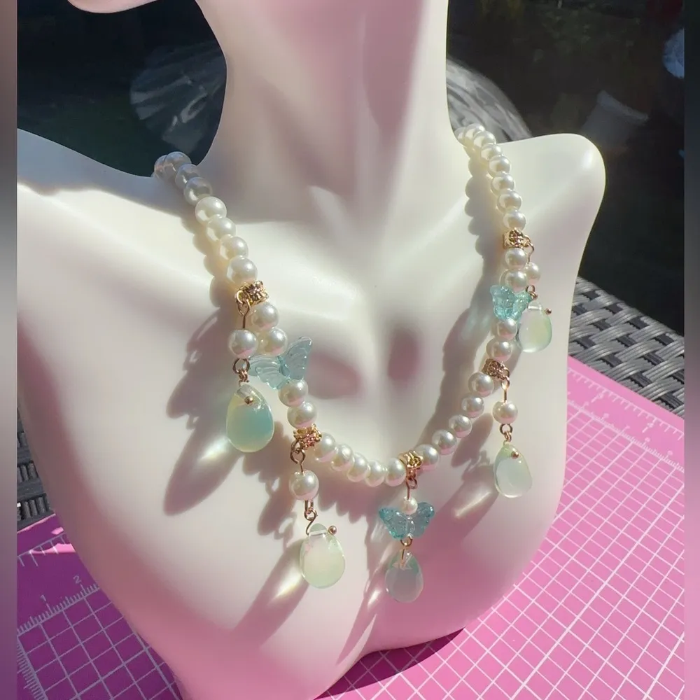 Anne Klein white pearl necklace light blue crystal resin butterfly teardrops - Image 2