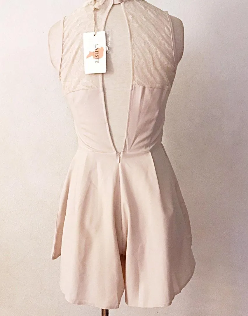 Lace Sheer Neckline Flared Romper Tan Size L - Image 4