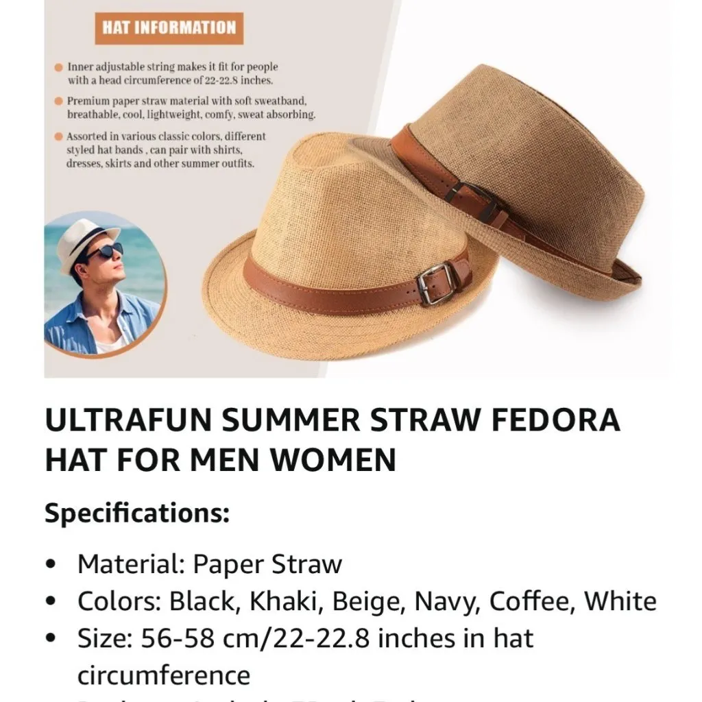 Ultrafun Straw Fedora Hat Classic Manhattan Dark Gray Black Belt Buckle Band Uni - Image 13