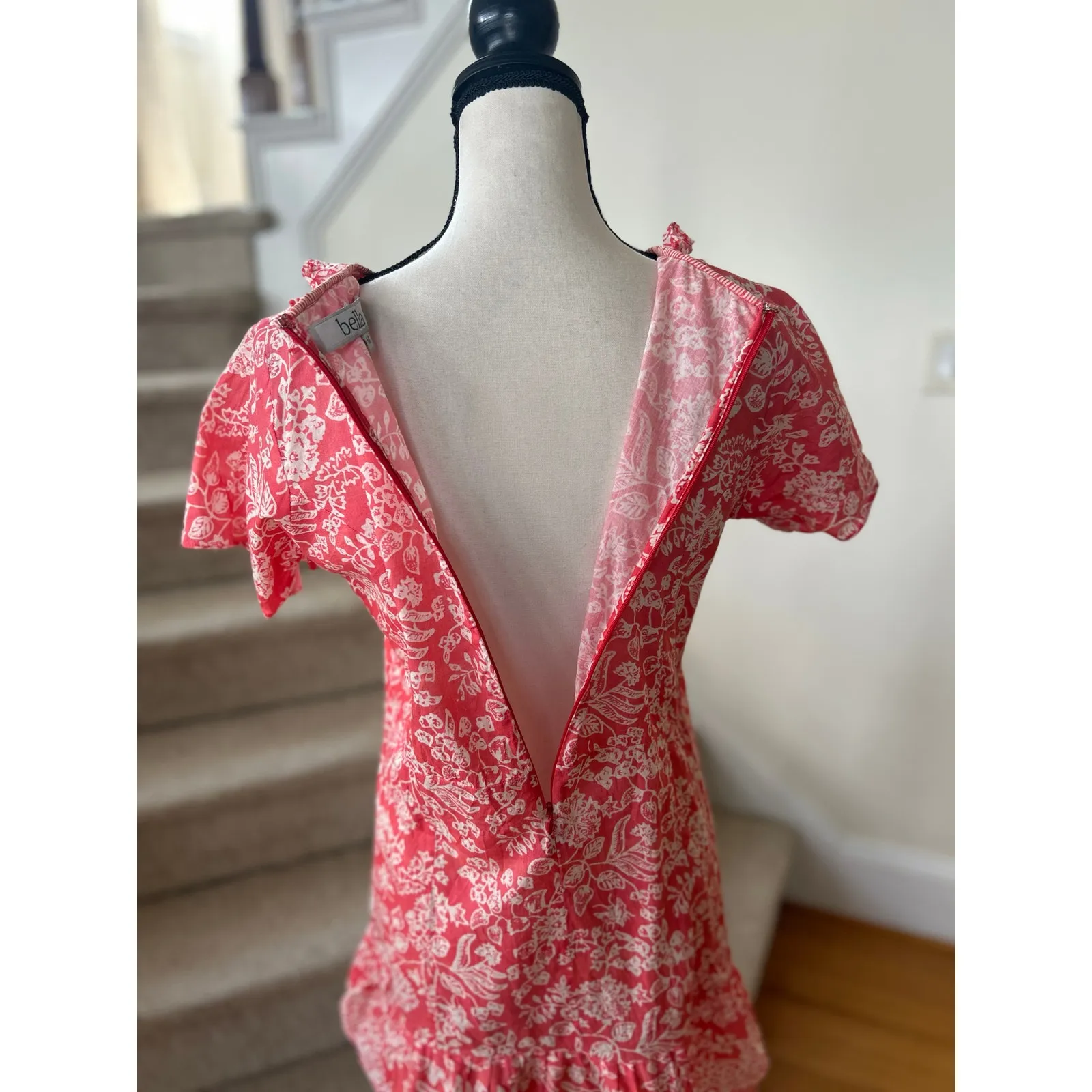 Bella Tu Coral Pink & White Blue Tassel Floral Block Print Ruffle Hem Dress Size M - Image 6