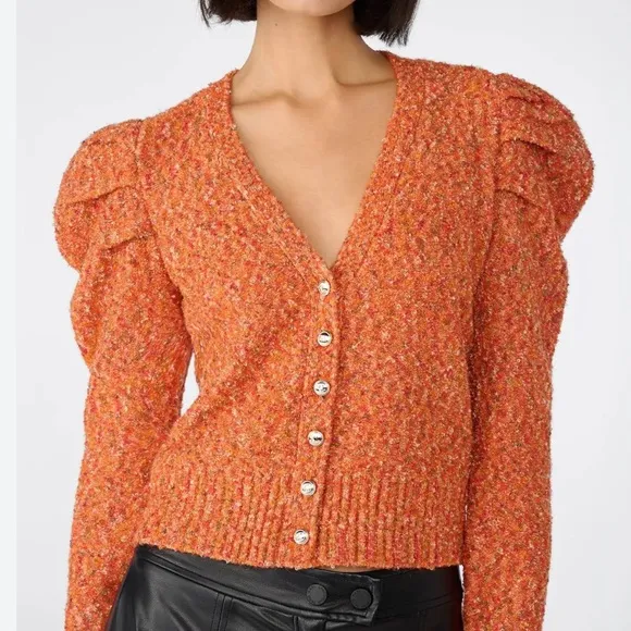 Karl Lagerfeld Paris Confetti Puff Shoulder Wool Blend Button Cardigan Sweater - Image 1