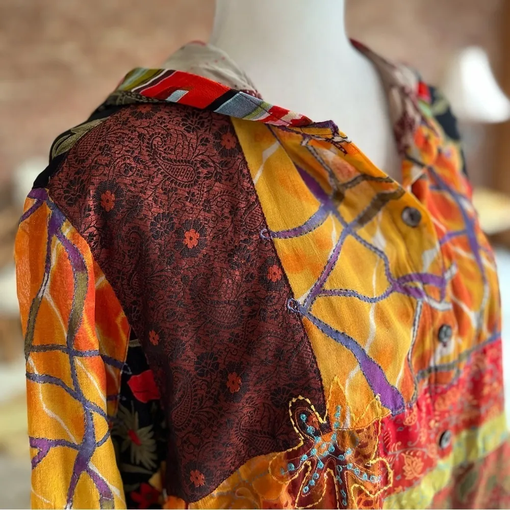 Chico’s Jacket Orange Multi Patchwork Hooded Embroidered M Boho Concert Chic Mod - Image 13