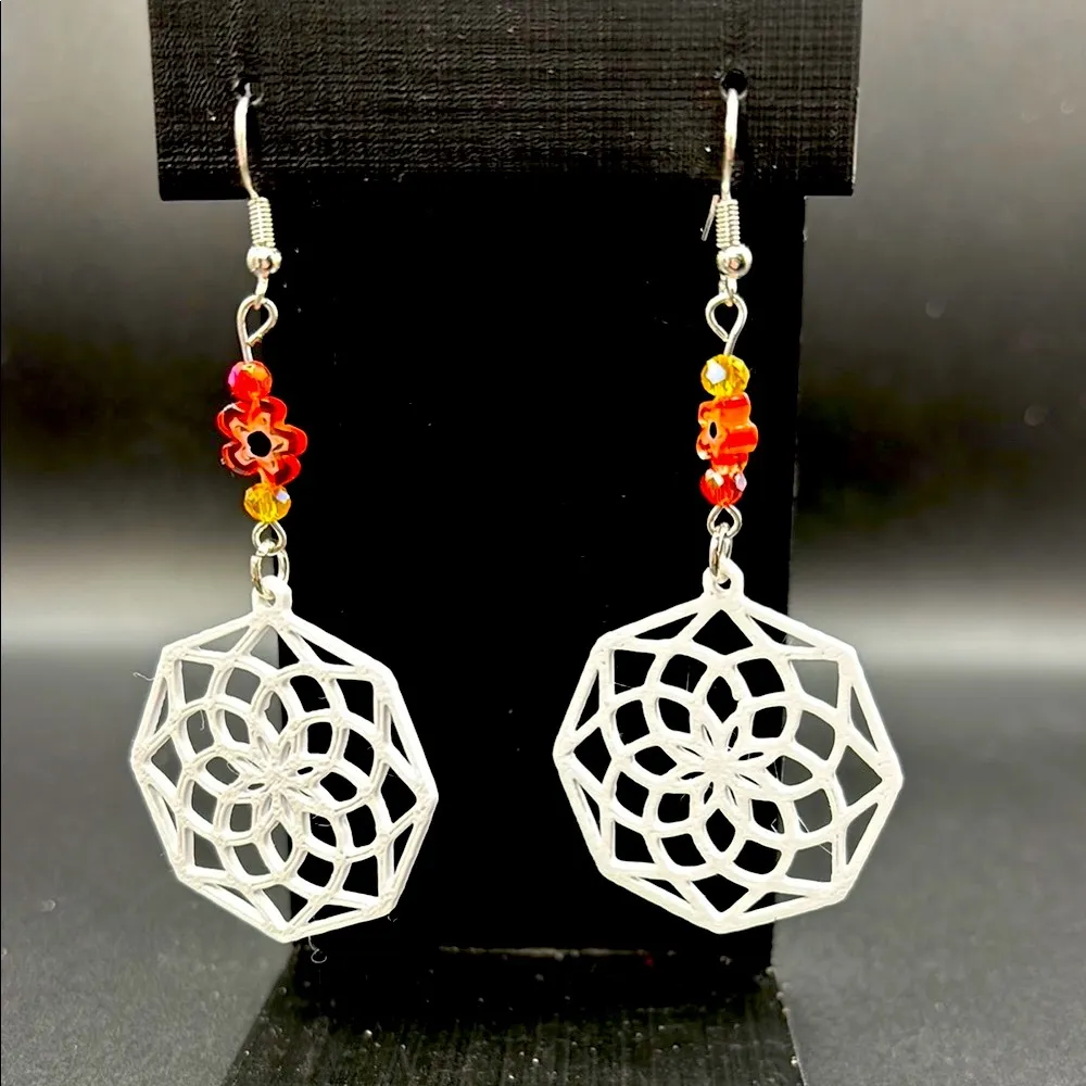 White with Orange Mandala Earrings with Beads Silver - Image 2