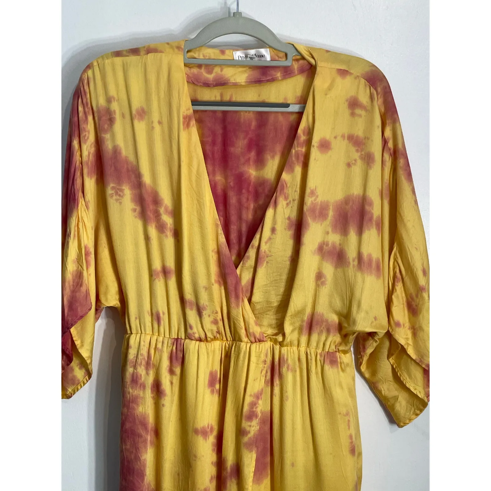 Privacy Please Faux Wrap Dress Small Yellow Tie Dye Summer Hippie Beachy - Image 4