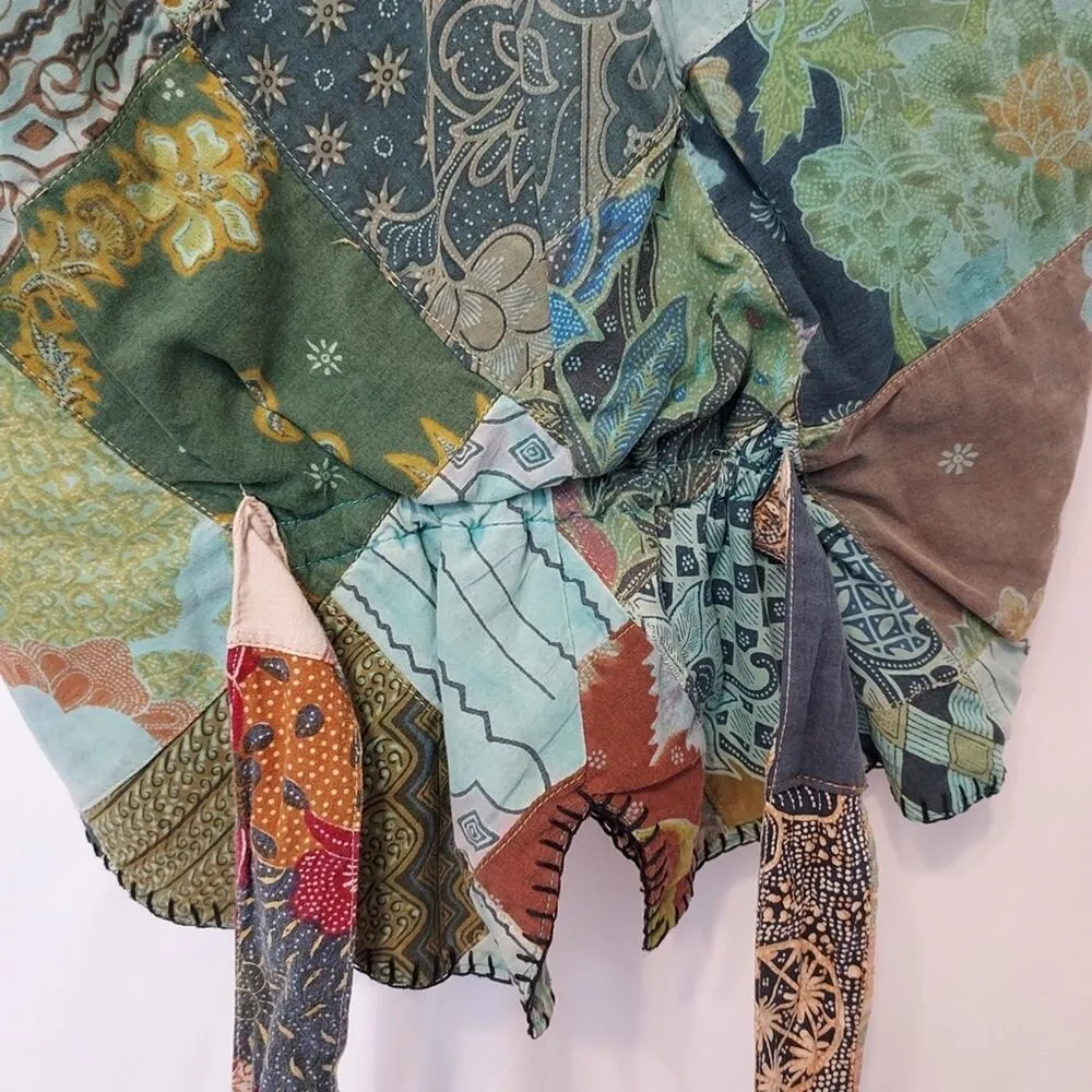 Vintage We Be Bop Patchwork Stitch Button Front Tie Back V - Image 6