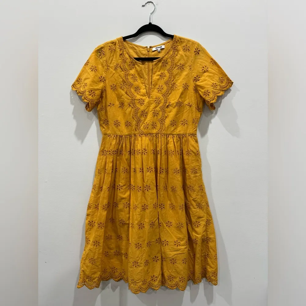 Madewell Scalloped Eyelet Midi Yellow Short Sleeved Dress Size 12 GUC - Image 5