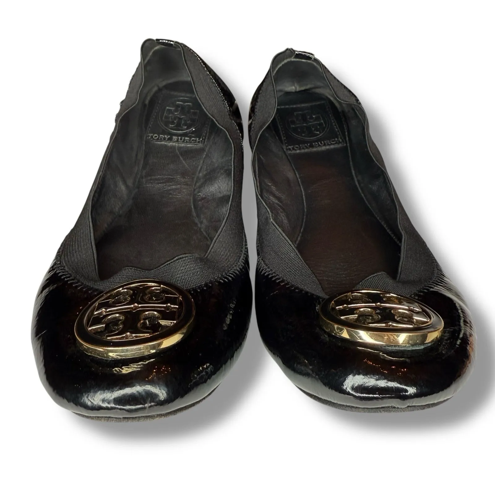 Tory Burch Caroline Black Patent Leather Ballet Flats Size 7 M Shoes Gold Logo - Image 2