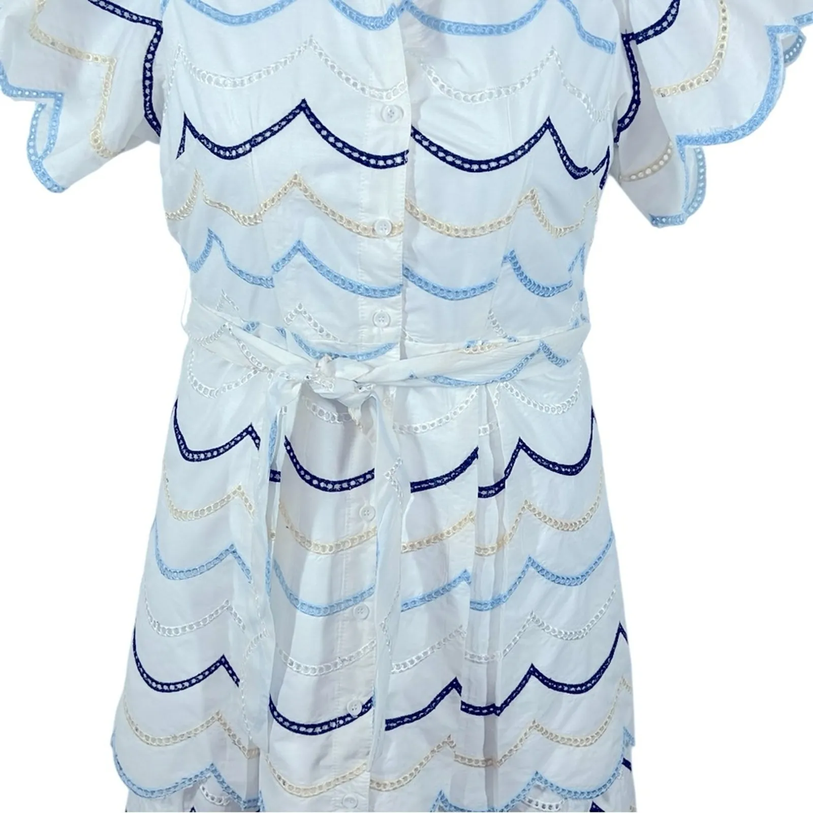 Luisa Beccaria Runway-Inspired Cotton Eyelet Button Dress XL White Blue - Image 4