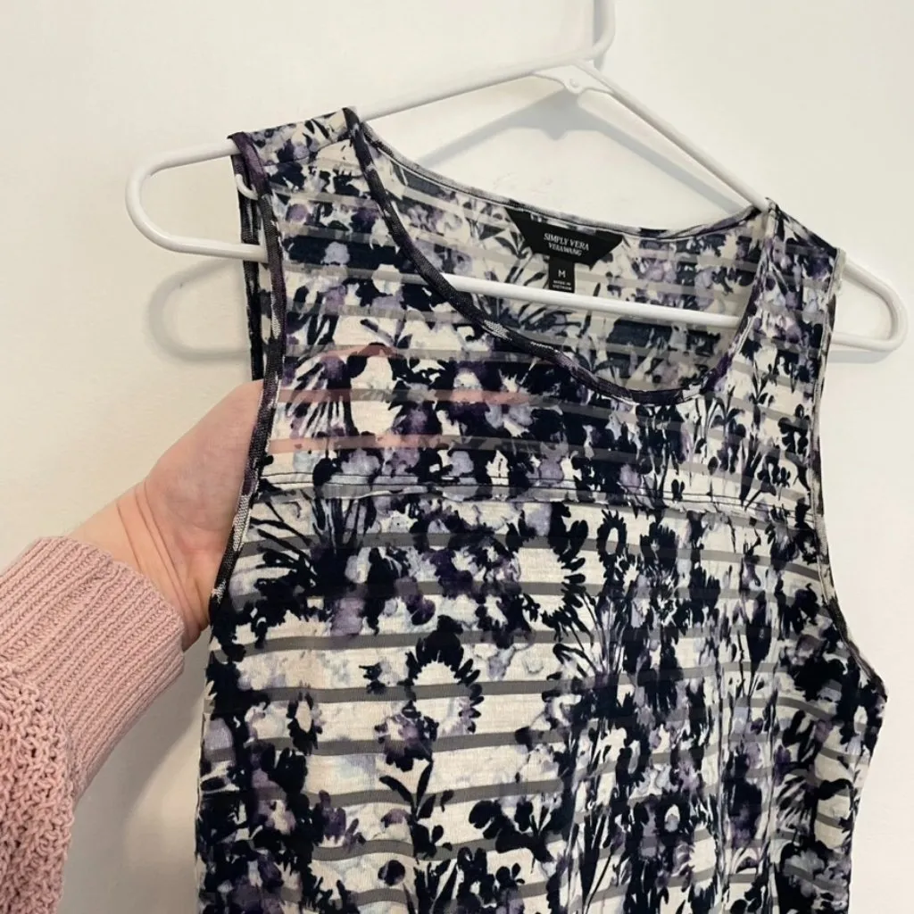 SIMPLY VERA VERA WANG Shadow Stripe Midi Dress Cream ? Navy Blue Purple Floral M - Image 8