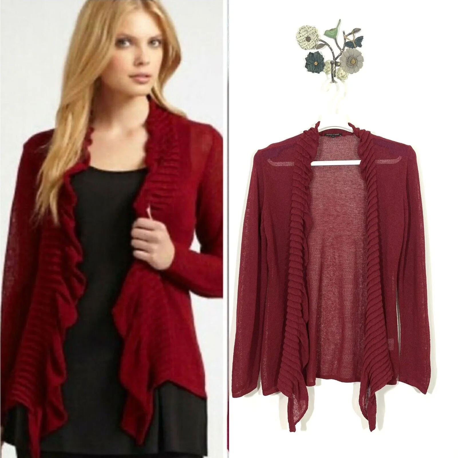 Eileen Fisher Loose Knit Open Ruffle Front Cardigan Wine Red Linen Blend Medium - Image 2