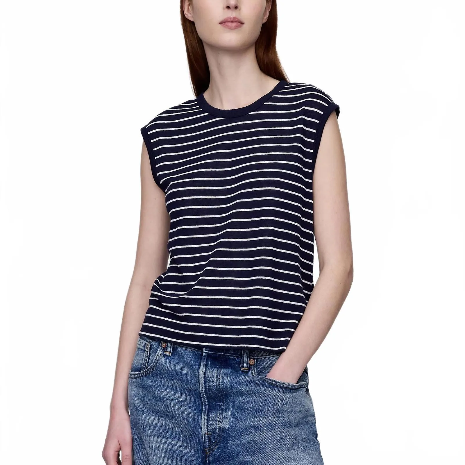 Gap Linen-Blend Crewneck Shell Tank Top NWT Navy Blue & White Stripe XL Tall - Image 3