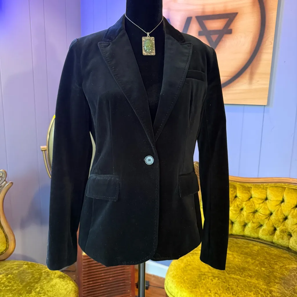 Vintage Y2K J.Crew Velvet Blazer Black Velvet with Contrast Blue Stitching - Image 2
