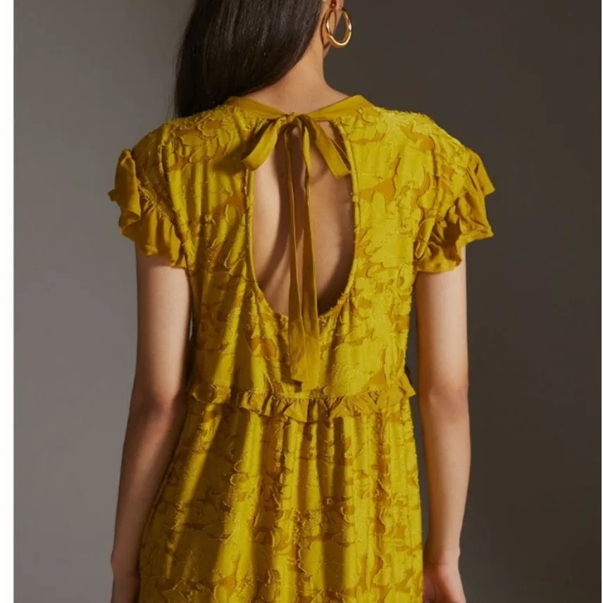 Anthropologie‎ Ruffle Knit Mini Dress Mustard Yellow XS Open Back Short Sleeve - Image 6