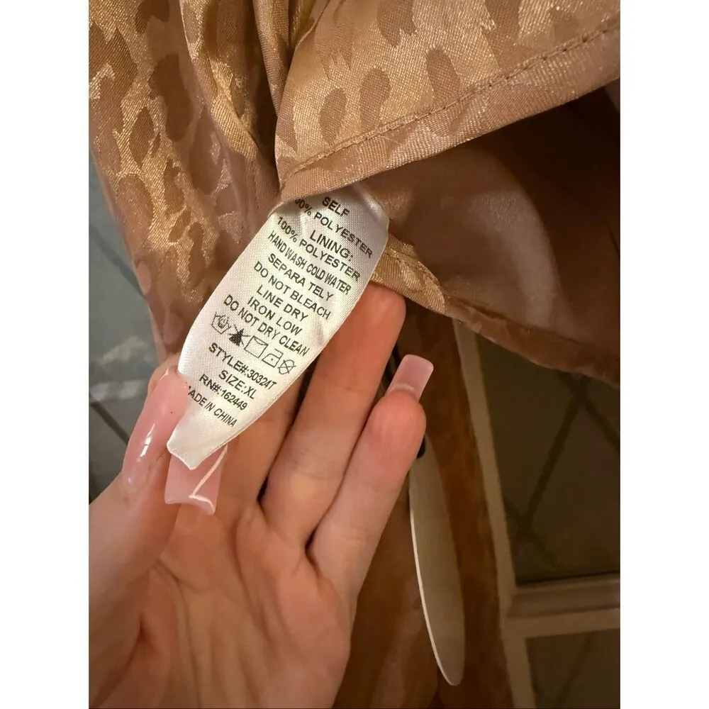 Milk & Honey Satin Corset Top Womens XL Long Sleeve Leopard Print Smocked Blouse Gold - Image 5