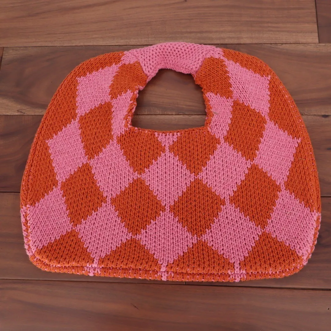 Pink Orange Argyle Knit Tote Bag - Image 3