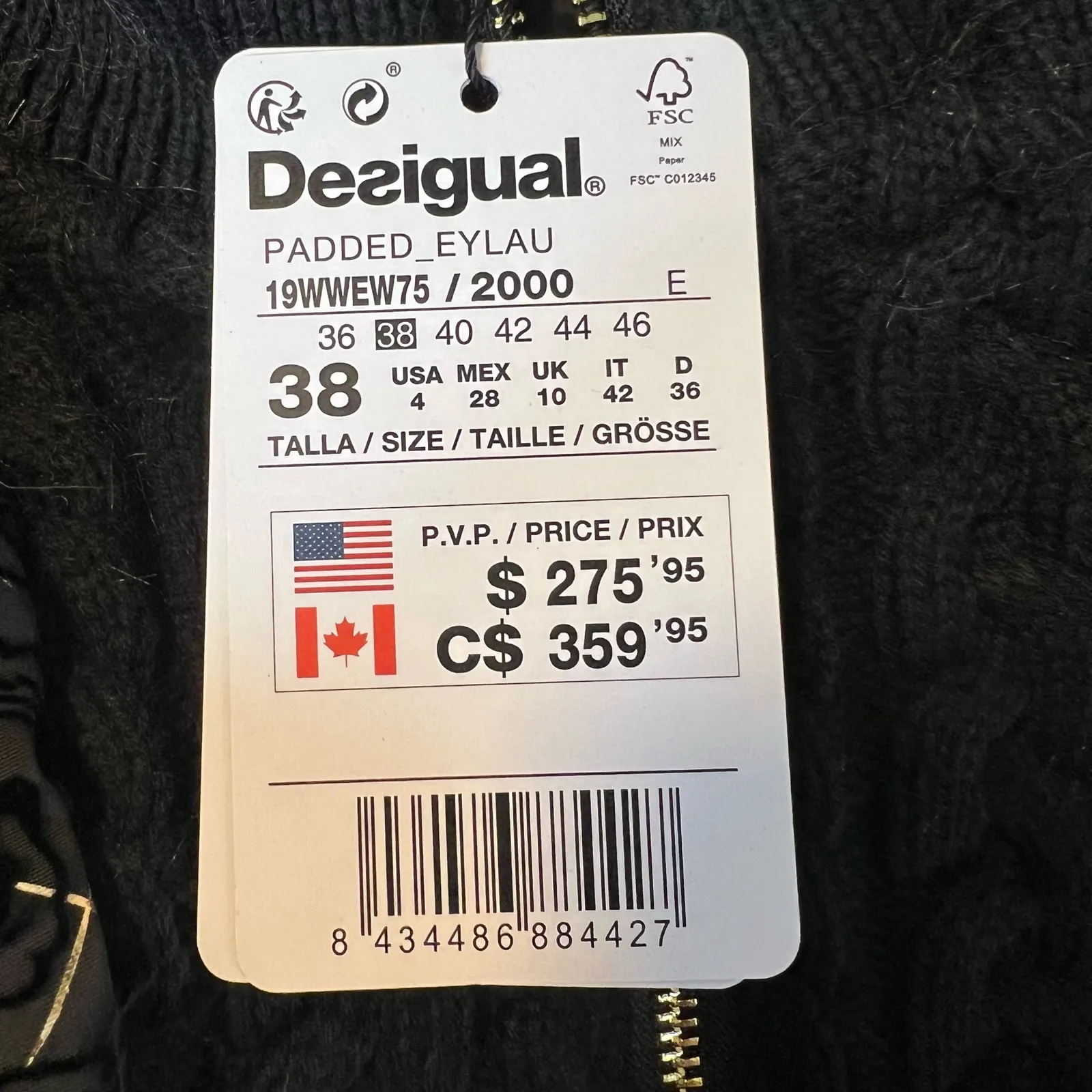 Desigual Parka 4 Black Gold Puffy‎ Sweater Inset Hood Faux Fur New US 4 - Image 11