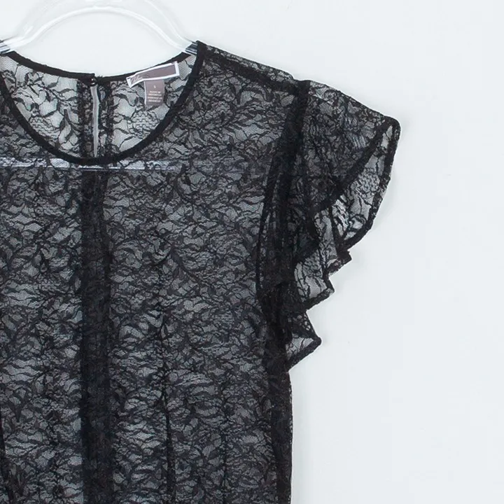 Chelsea28 Womens Lace Sheer Top Size S Black Flutter Sleeve Whimsigoth Witchy - Image 3