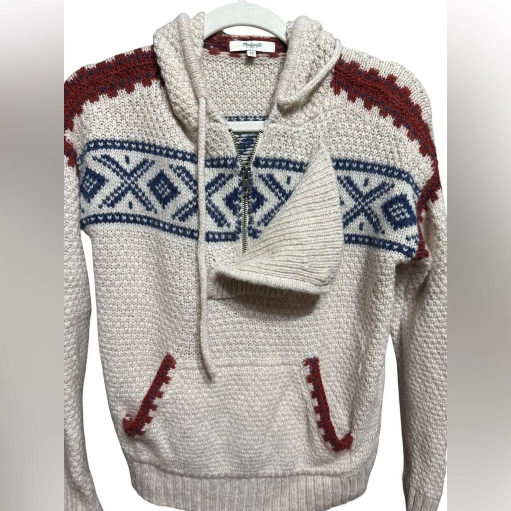 Madewell Fair Isle Knit Hoodie Sweater Ivory Blue Boho Nordic Pullover XS - Image 5