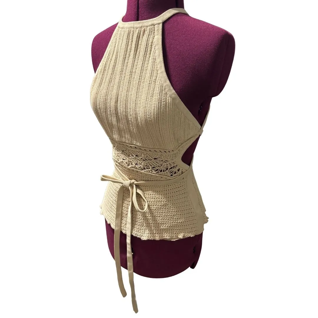 SIGNIFICANT OTHER Tie Cross Back Crocheted Sweater Knit Blouse Top EUC Size 6 Tan - Image 2