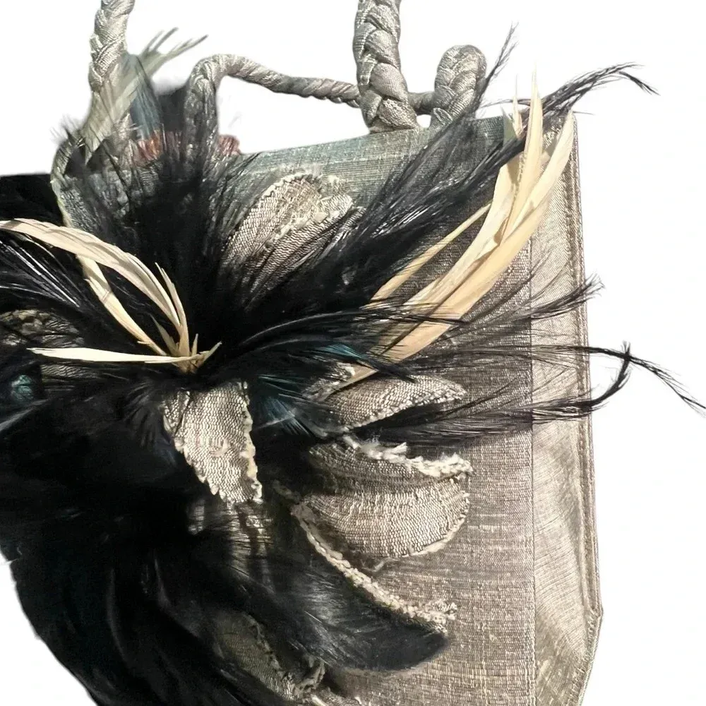 Mother Plucker silk real feathers oil slick coquette mini bag purse 20’s whimsy Silver - Image 6
