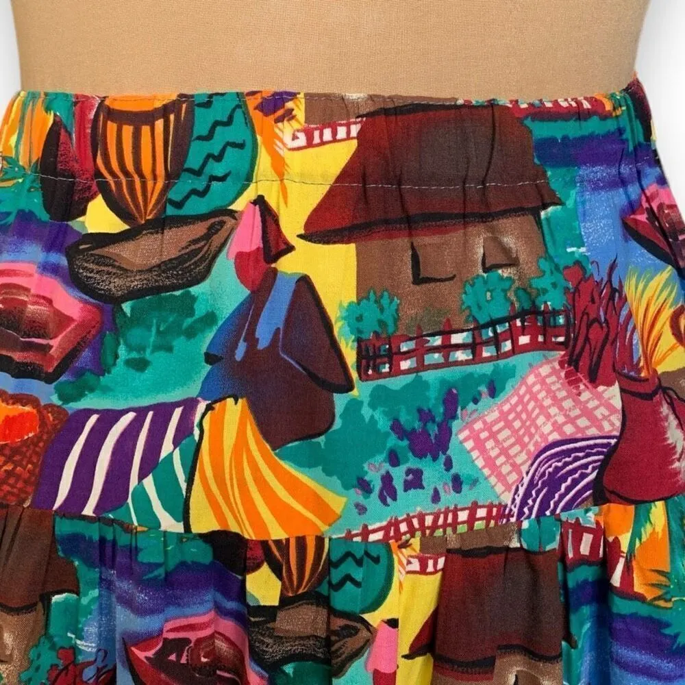 Vintage Handmade Skirt Colorful Blue Green Ethnic Village Elastic Waist Maxi Size M - Image 5