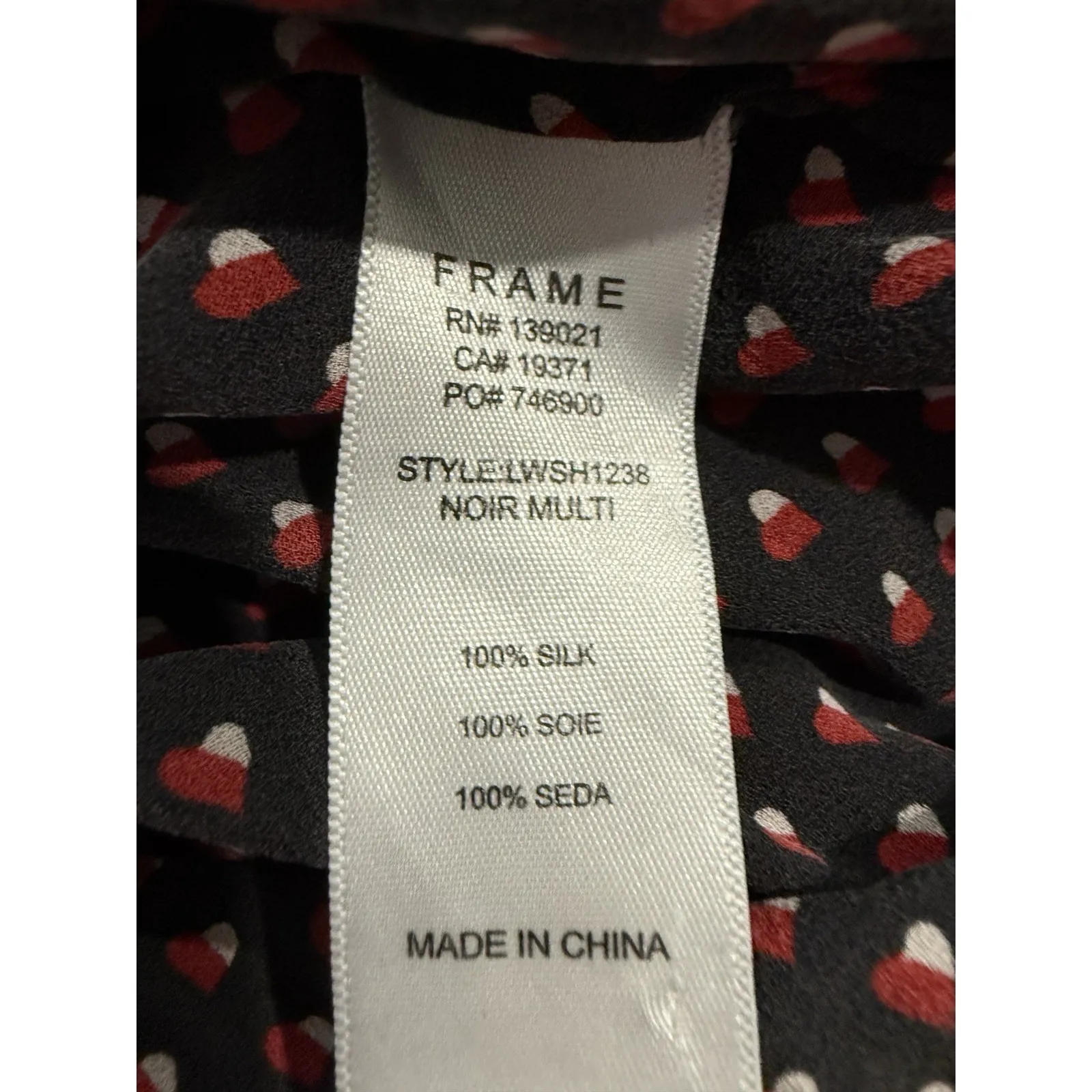 Frame Black Silk Heart Print Grace Ruffle Trim Puffed 3/4  Sleeves Size M - Image 6