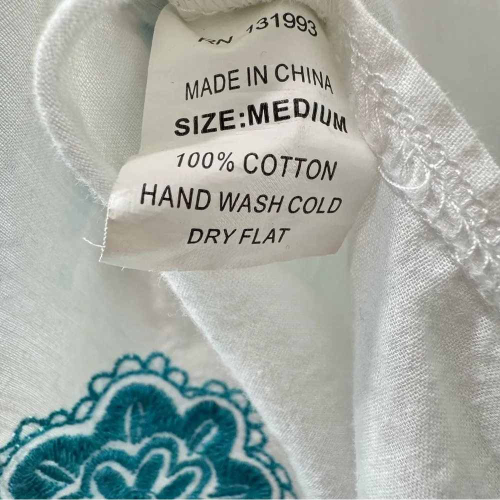 Bag Lady Mudpie White Tunic Swimsuit Cover Up Teal Embroidered Paisley Floral Size M - Image 7