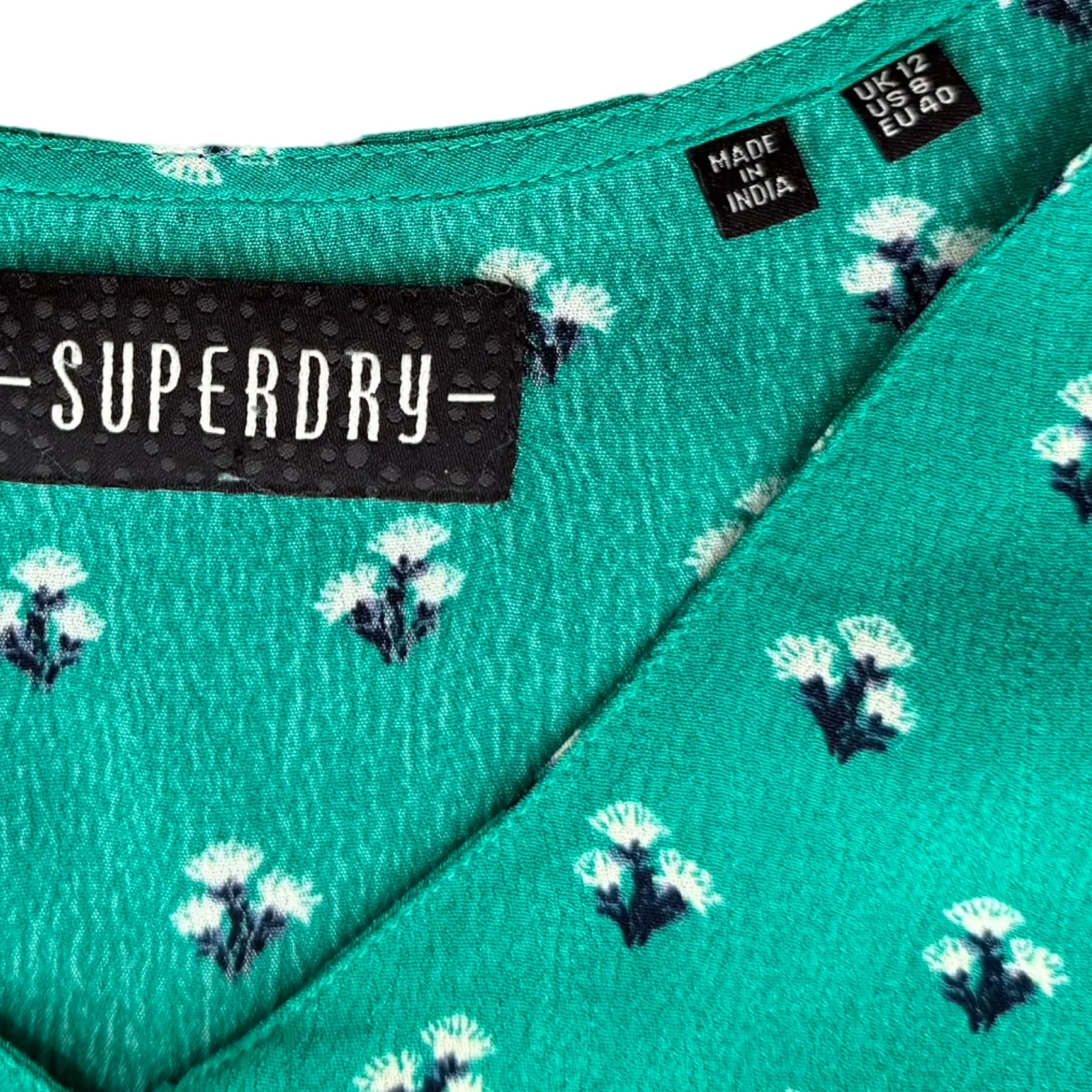 Superdry Cropped Green Floral Button Down Boxy Short Sleeve Lace Trim Top size 8 - Image 6