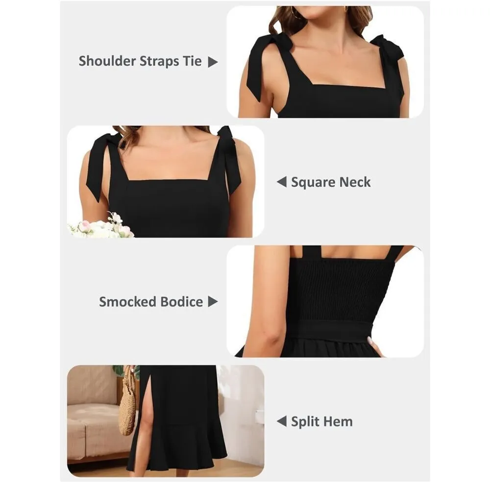 NEW BLACK Midi Tie Straps Square Neck Split Dress M NO BELT Size M - Image 4