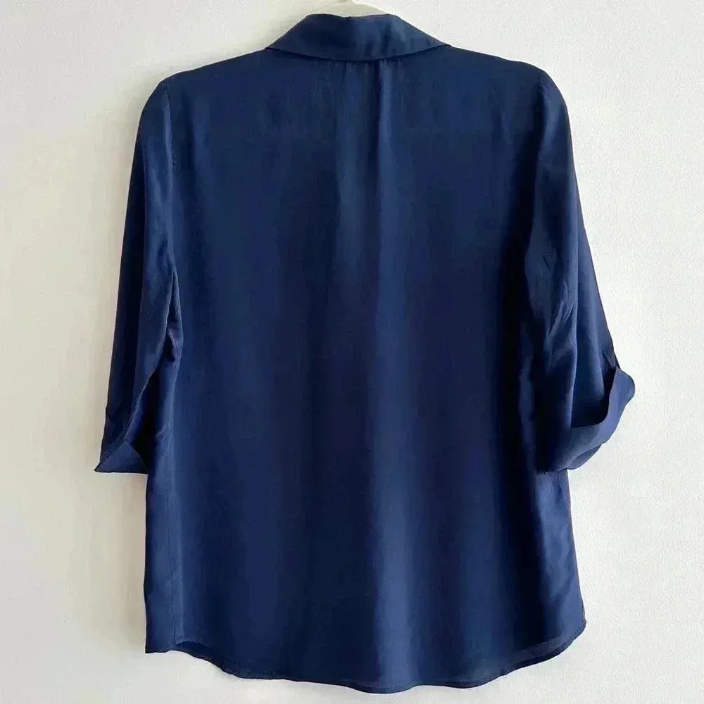 Rory Beca 100% Silk Camp Double Breast Pocket Button Down Shirt, Navy Blue - Image 13