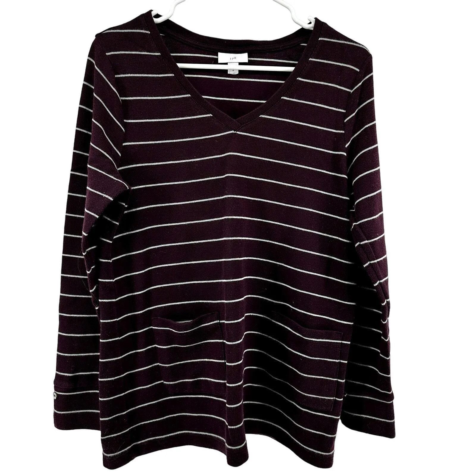 J. Jill Striped Tunic Long Sleeve Top Patch Pocket Knit V Neck Cotton Maroon M Red Size M - Image 2