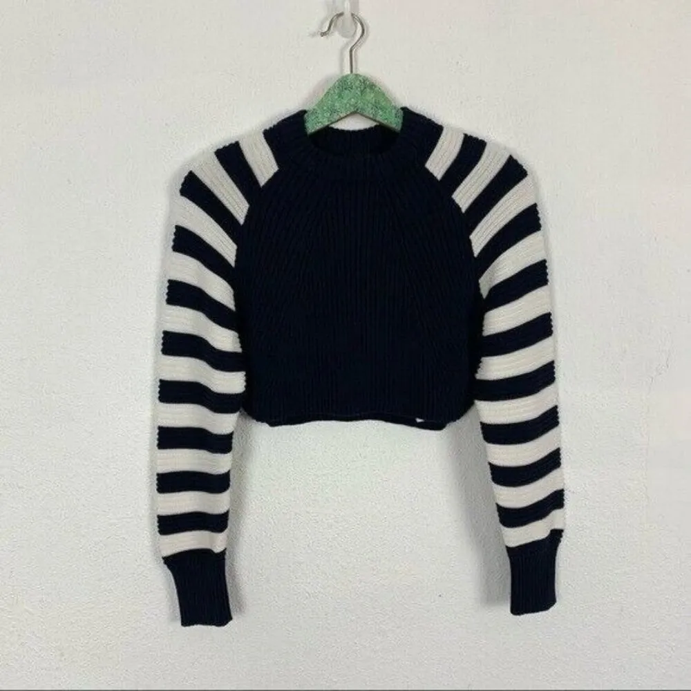 Topshop Navy White Striped Cropped Sweater Chunky Knit Crewneck US 4 UK 8 Trendy - Image 7