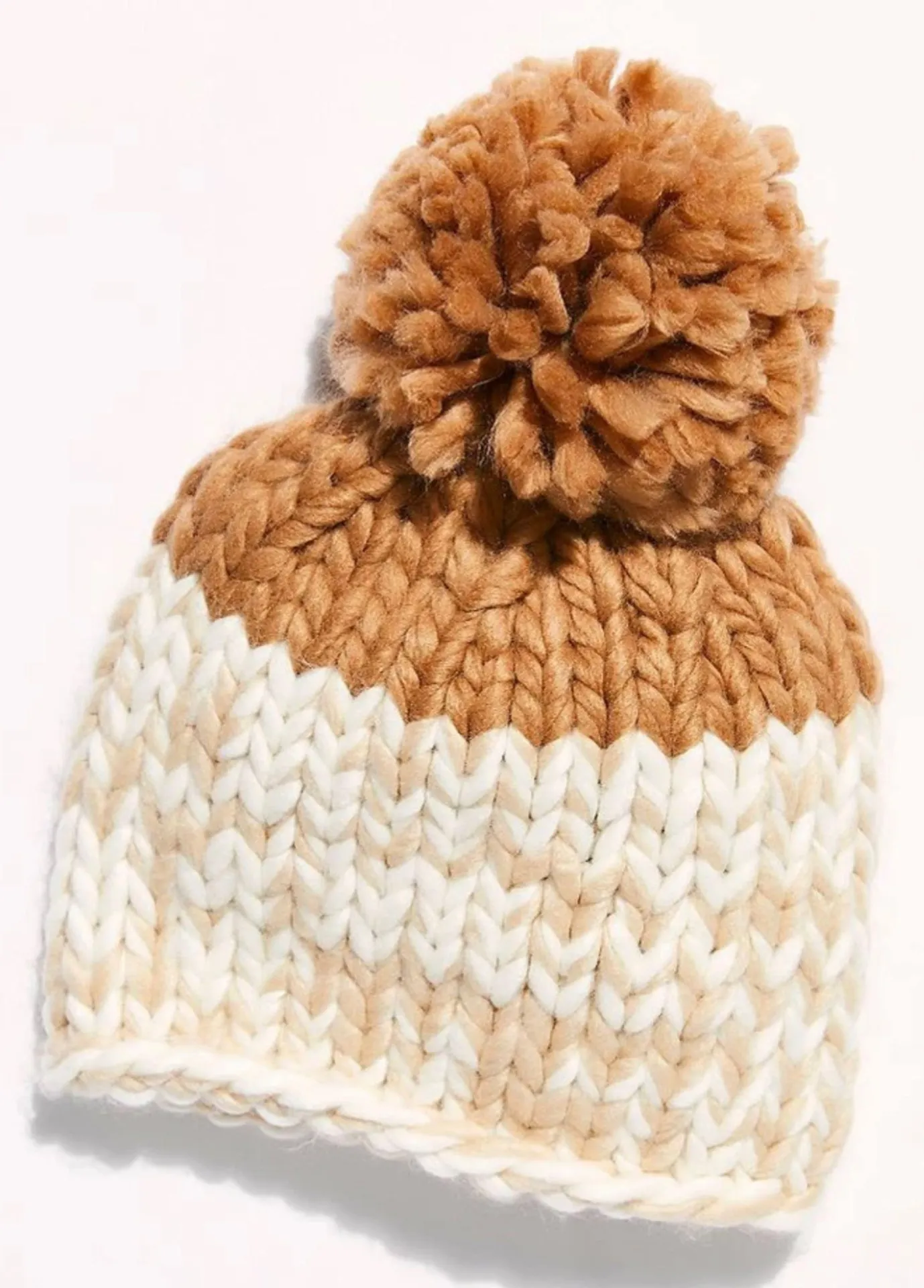 Cozy Up Color Block Pom Beanie in Oat & Camel - Image 2