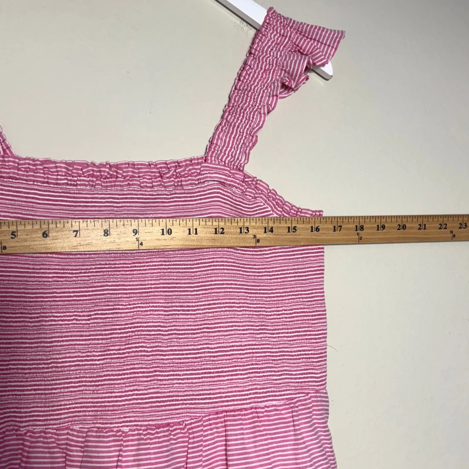 J Crew Striped Smocked Tiered Mini Dress Womens‎ Large Ruffle Strap Striped Pink - Image 14