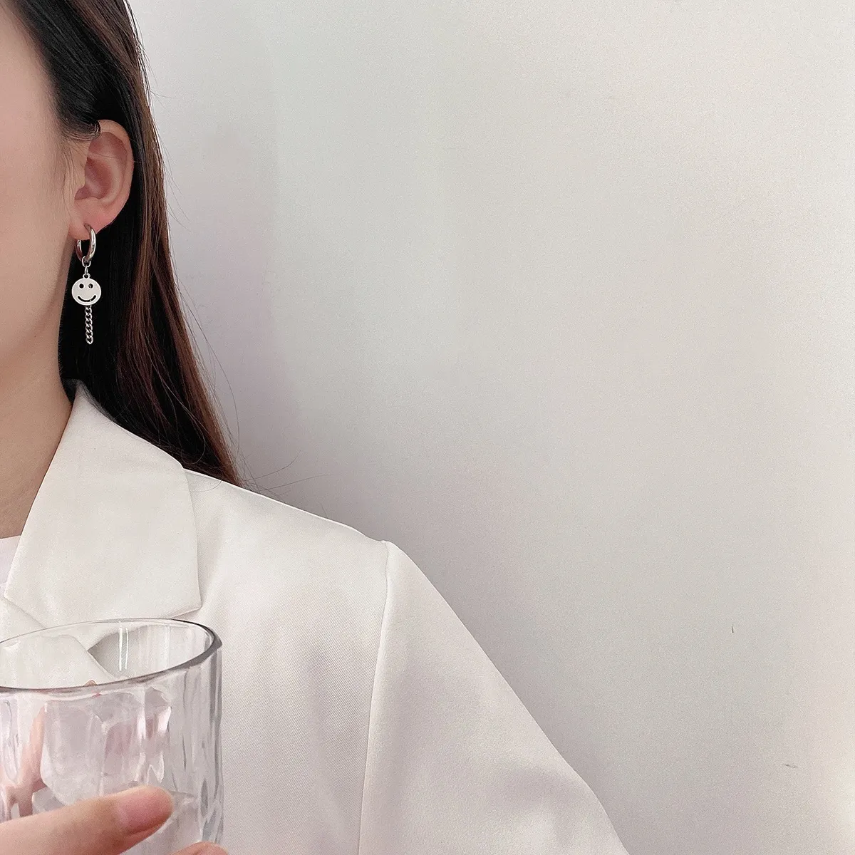 Smiley Face Dangle Drop Earrings for Men Women Streetwear Unisex Hip Hop Style Silver - Image 4