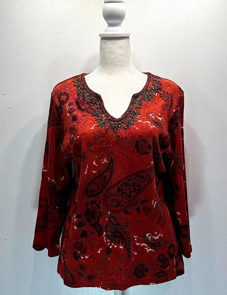 100% Cotton Rust Red Paisley & Floral Beaded 3/4 Sleeve Top M - Image 4