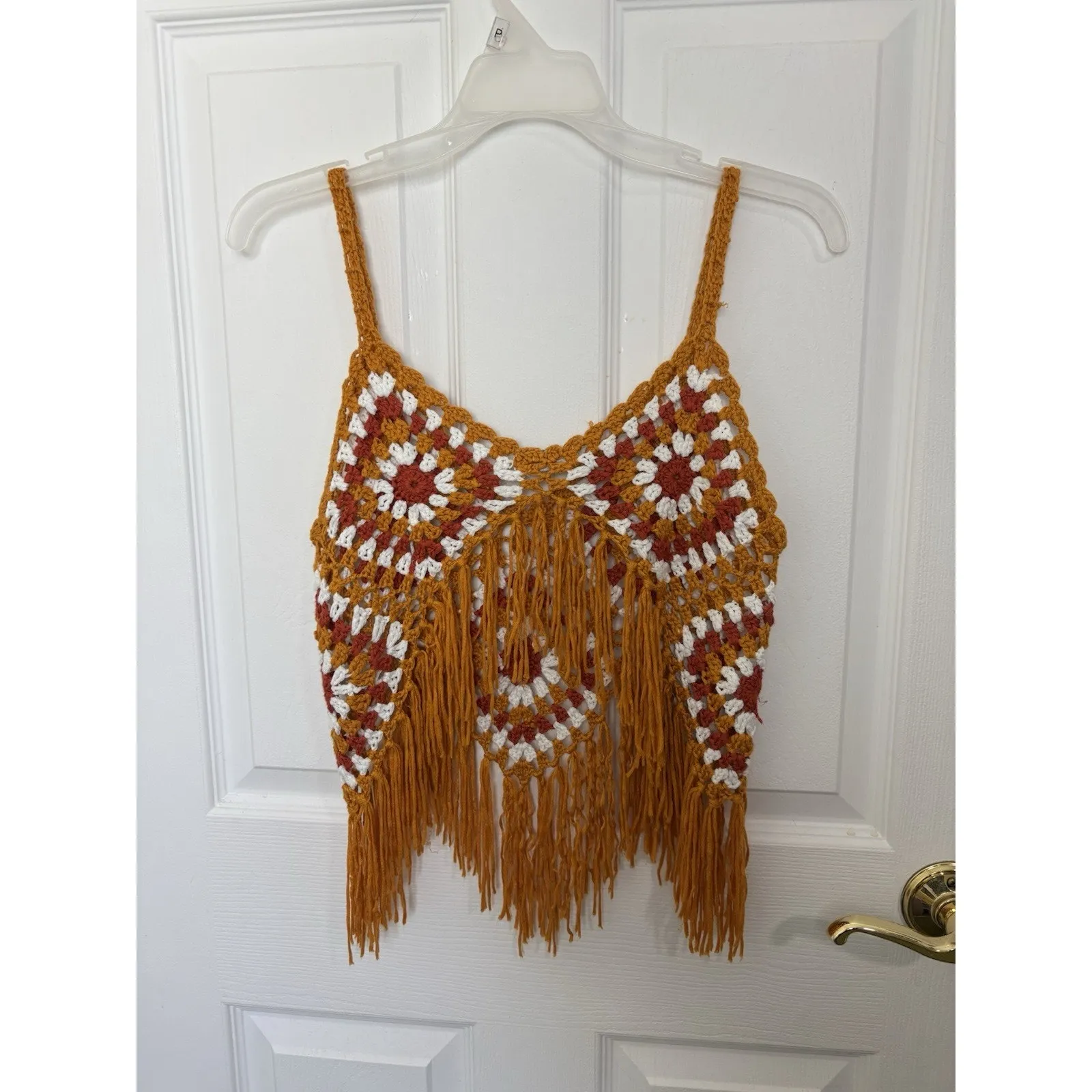 Granny Square Crocheted Crop Tank Top Size S/M Tassels Boho Festival Hippie Orange Size M - Image 2