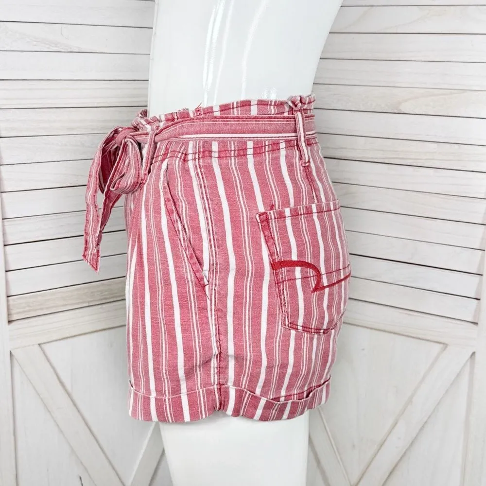 American Eagle Striped High Waist Paperbag Linen Blend Shorts Red White 4 - Image 3