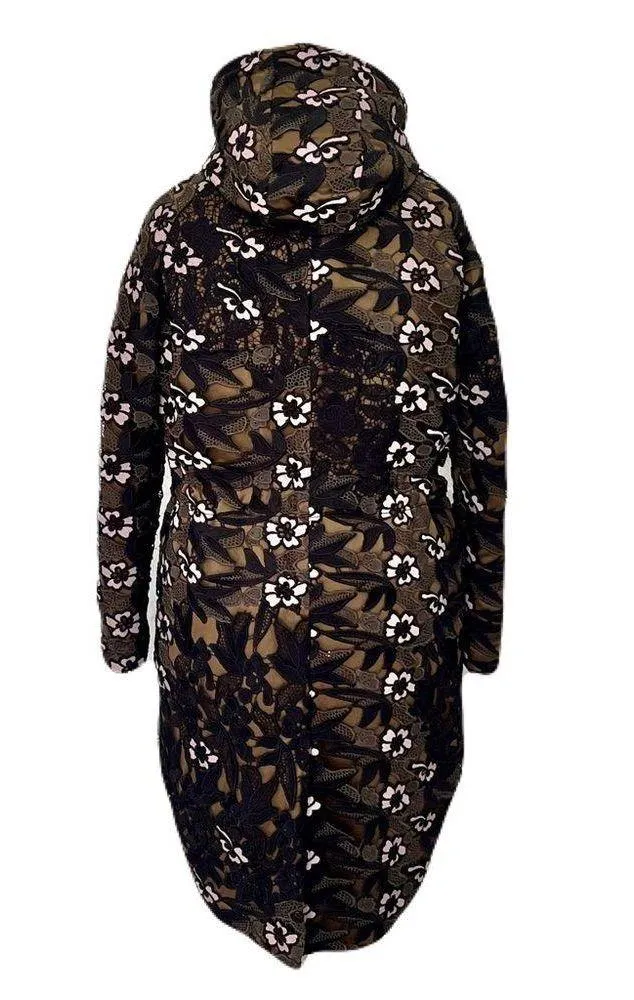 Self-Portrait Green and Black Hooded Patchwork Lace Parka, Size 4 - Image 3