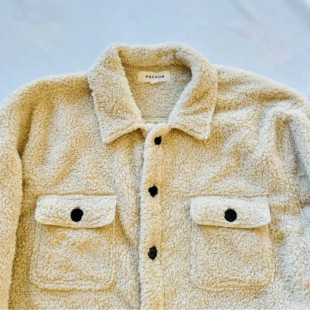 GUC Pacsun Large Sherpa Teddy Faux Fur Jacket Cream Ivory Button Pockets Plush - Image 3
