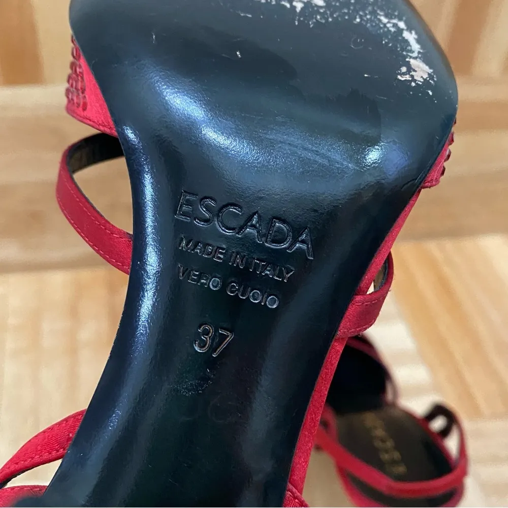 Vintage ESCADA Red Satin Embellished Pointy Toe Sling Back High Heels Pump 37 Size 6 - Image 15