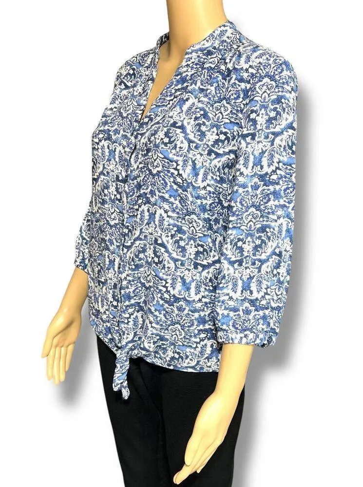 Cupio Womens Blouse Top Shirt Floral Print Button Down Tie Hem Blue White Medium - Image 6