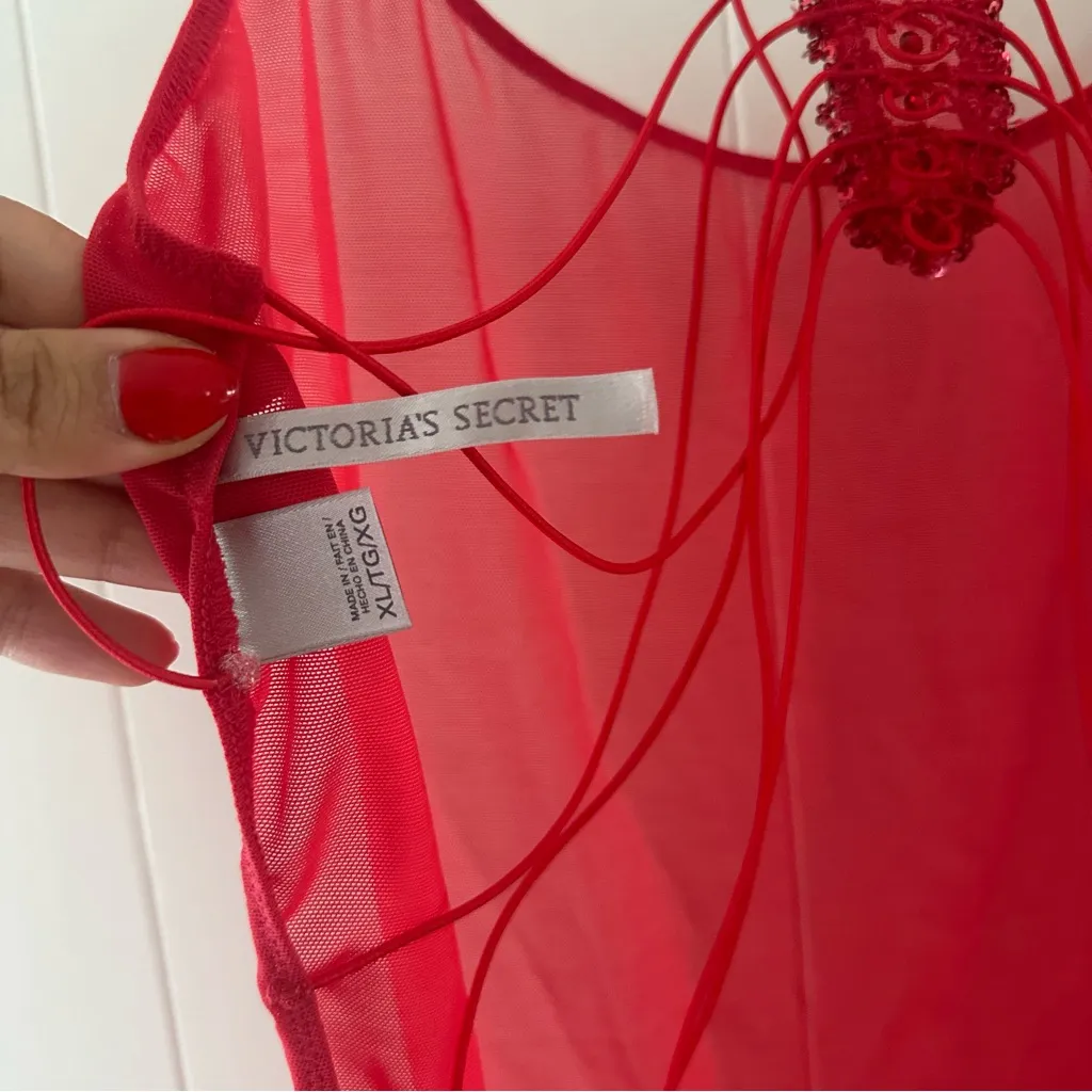 Victoria's Secret Red Sheer Open Back Sexy Chemise Lingerie Rhinestone Strap XL - Image 4